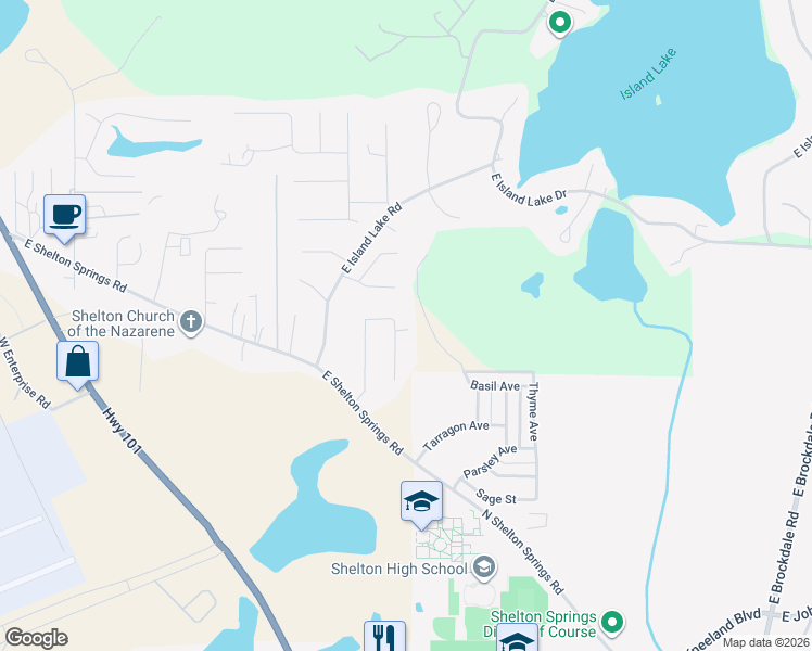 map of restaurants, bars, coffee shops, grocery stores, and more near 231 E Woodland Dr in Shelton