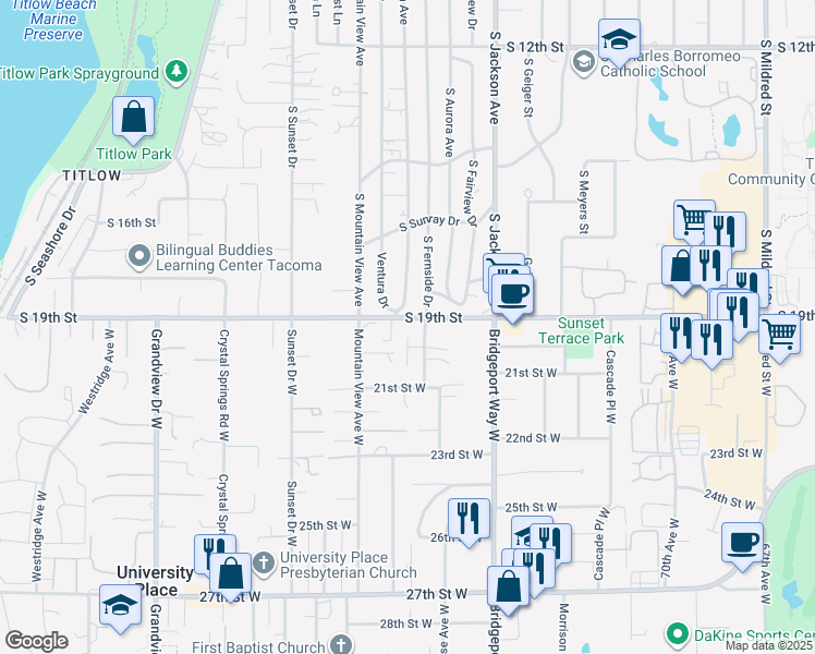 map of restaurants, bars, coffee shops, grocery stores, and more near 7654 19th Street West in Tacoma