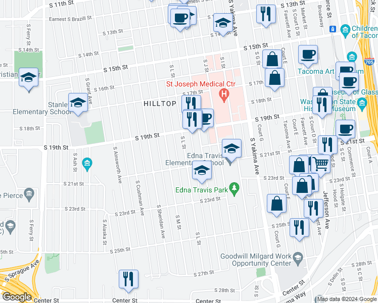 map of restaurants, bars, coffee shops, grocery stores, and more near 1933 South L Street in Tacoma