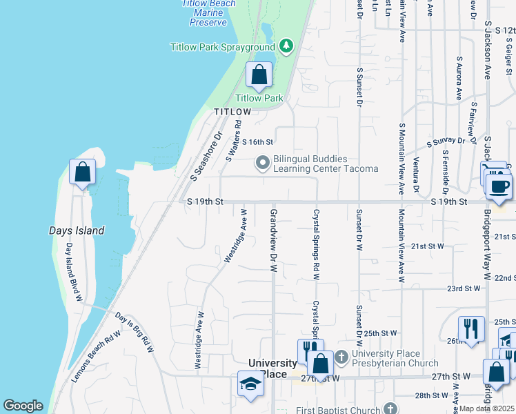 map of restaurants, bars, coffee shops, grocery stores, and more near 8514 19th Street West in Tacoma