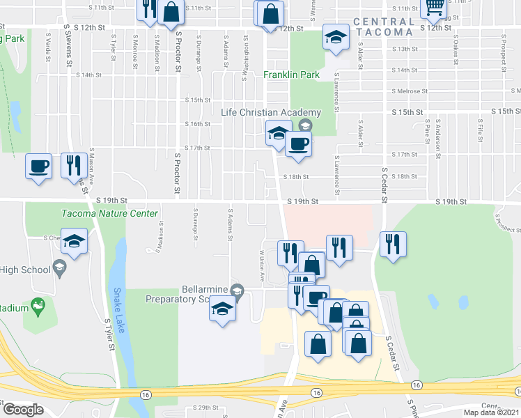 map of restaurants, bars, coffee shops, grocery stores, and more near 3602 South 19th Street in Tacoma