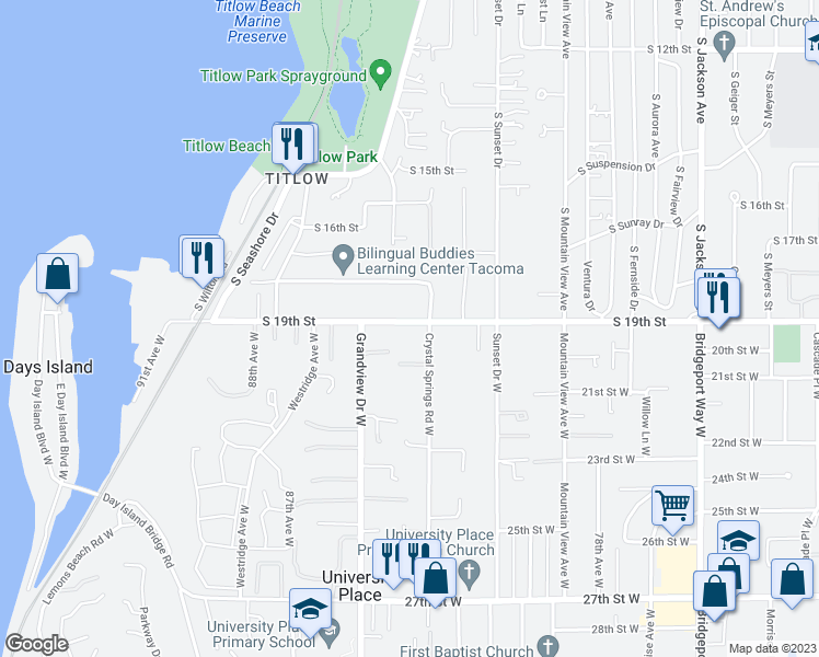 map of restaurants, bars, coffee shops, grocery stores, and more near 8310 South 19th Street in Tacoma