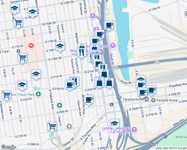 map of restaurants, bars, coffee shops, grocery stores, and more near in Tacoma