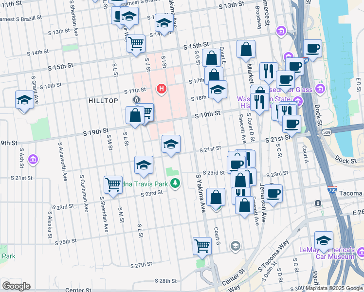 map of restaurants, bars, coffee shops, grocery stores, and more near 1945 South I Street in Tacoma
