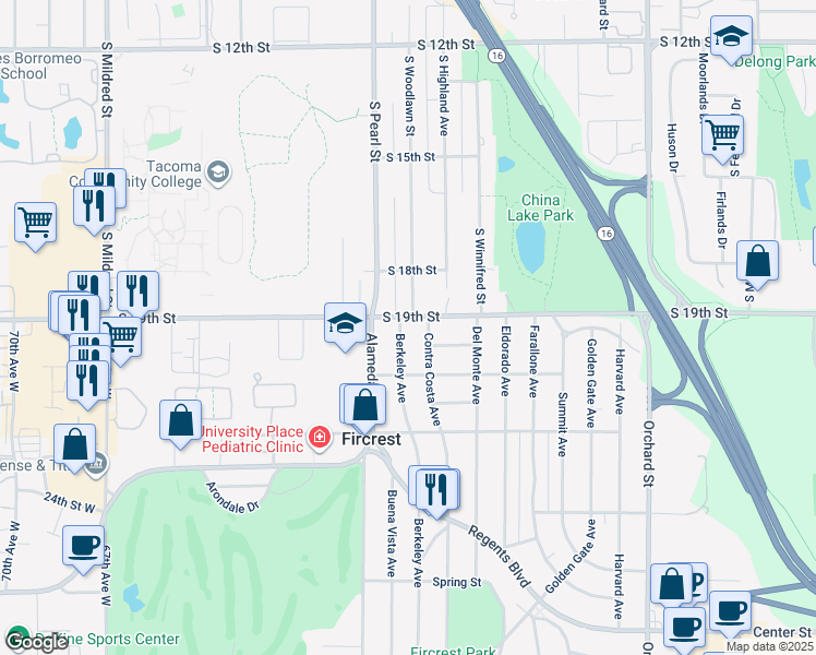 map of restaurants, bars, coffee shops, grocery stores, and more near 802 Columbia Avenue in Fircrest