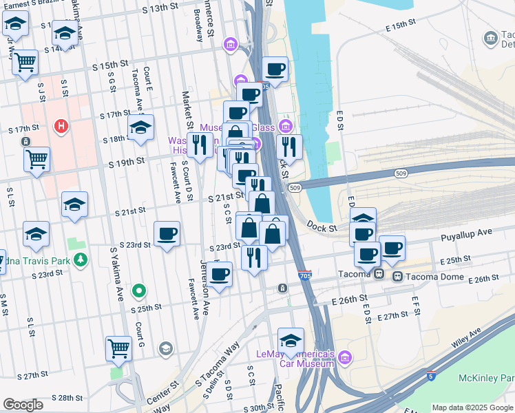 map of restaurants, bars, coffee shops, grocery stores, and more near 2111 Pacific Avenue in Tacoma