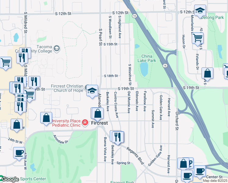 map of restaurants, bars, coffee shops, grocery stores, and more near 802 Columbia Avenue in Fircrest