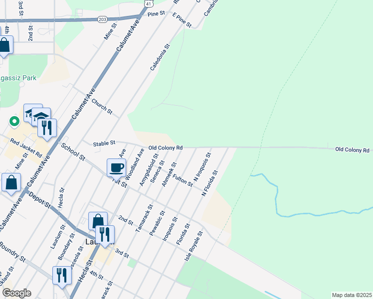 map of restaurants, bars, coffee shops, grocery stores, and more near Old Colony Rd in Laurium