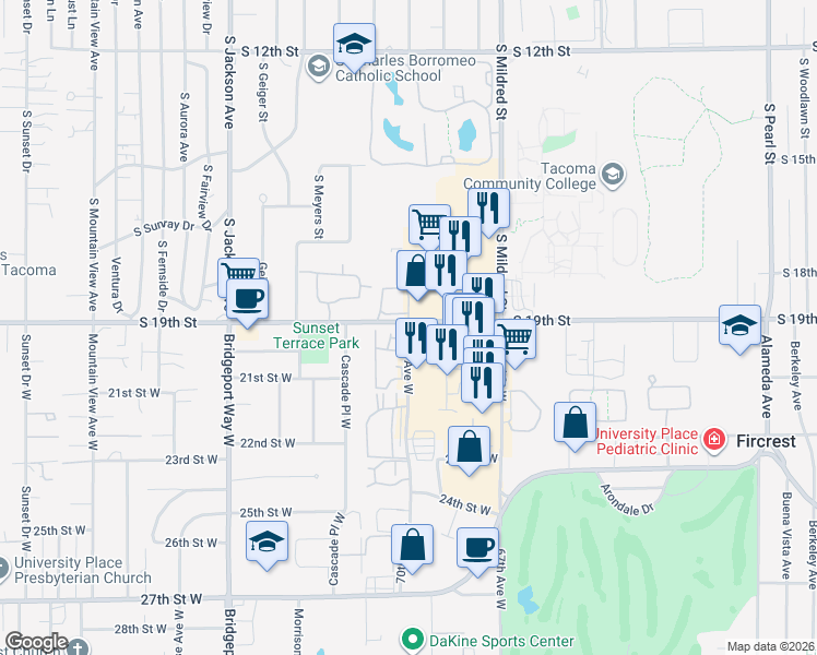 map of restaurants, bars, coffee shops, grocery stores, and more near 1918 70th Avenue West in University Place