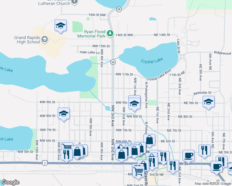 map of restaurants, bars, coffee shops, grocery stores, and more near 916 Northwest 3rd Avenue in Grand Rapids