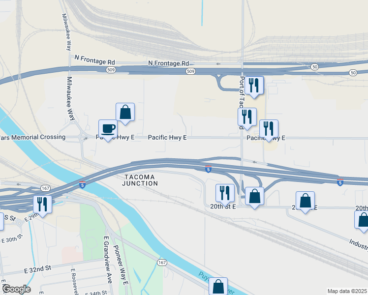 map of restaurants, bars, coffee shops, grocery stores, and more near 2820 Pacific Highway East in Fife