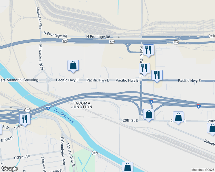 map of restaurants, bars, coffee shops, grocery stores, and more near 2820 Pacific Highway East in Fife