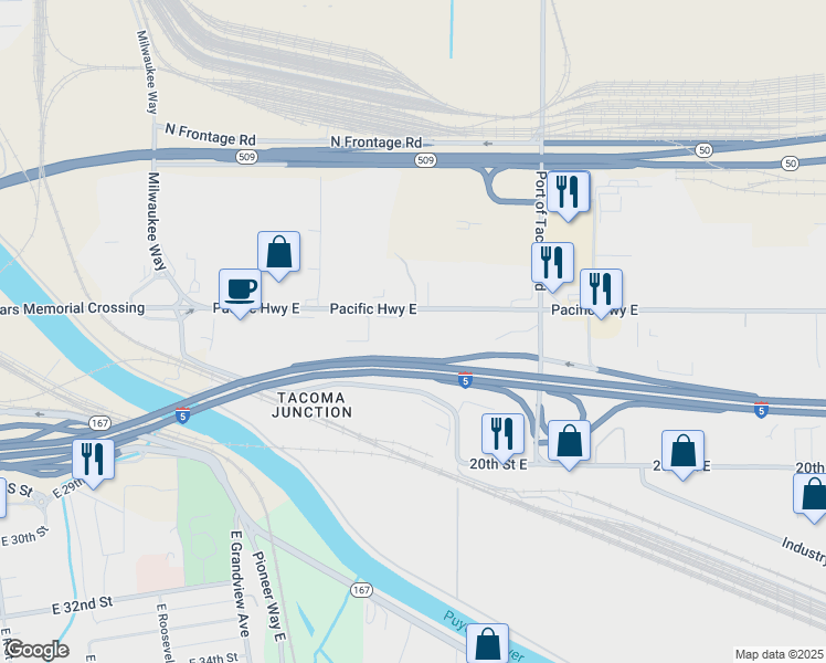 map of restaurants, bars, coffee shops, grocery stores, and more near 2820 Pacific Highway East in Fife