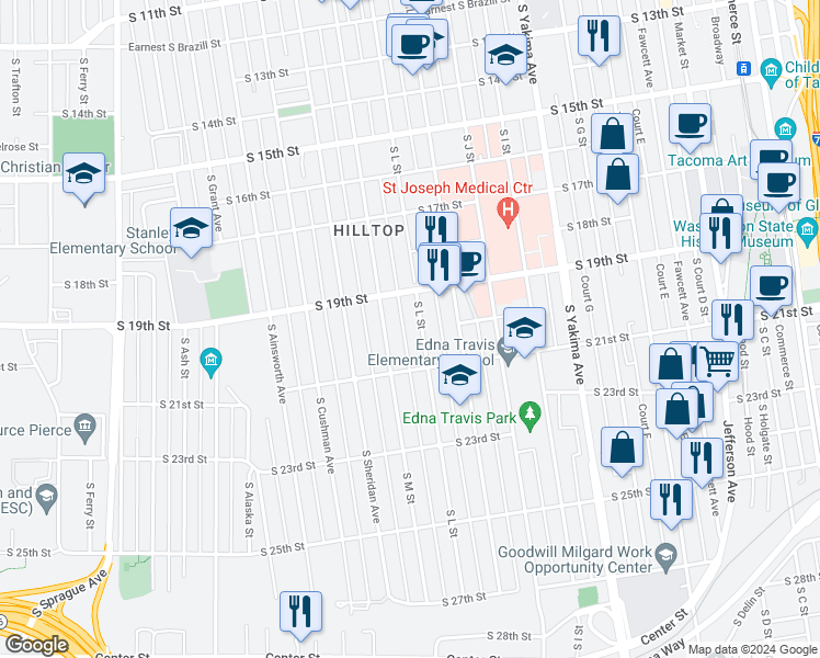 map of restaurants, bars, coffee shops, grocery stores, and more near 1933 South L Street in Tacoma