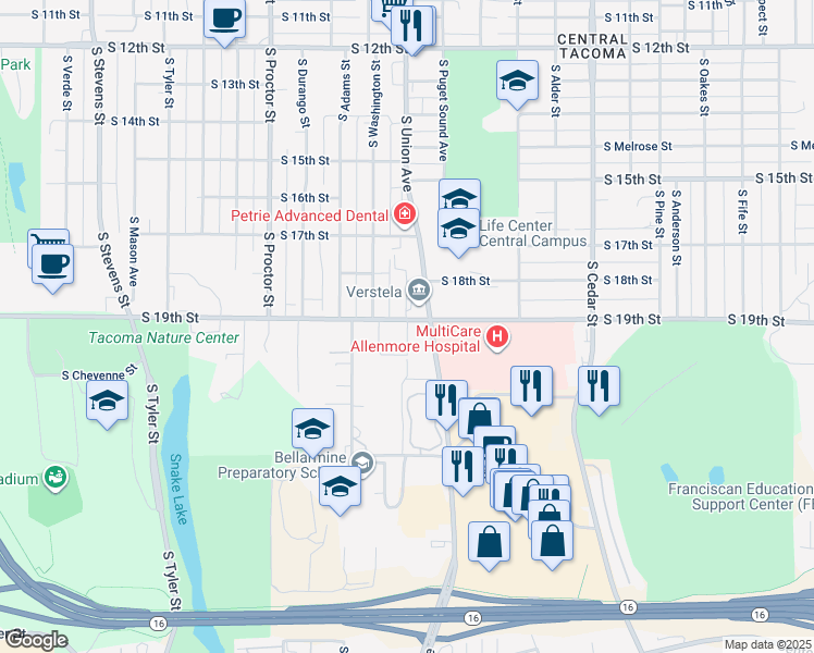 map of restaurants, bars, coffee shops, grocery stores, and more near 3602 South 19th Street in Tacoma