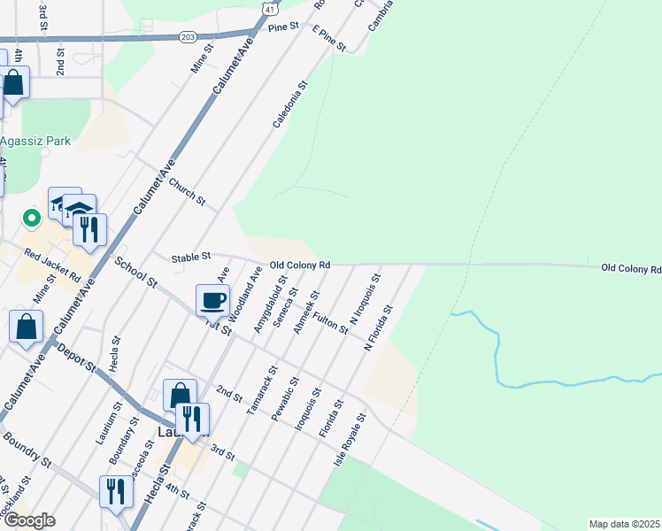 map of restaurants, bars, coffee shops, grocery stores, and more near Old Colony Rd in Laurium