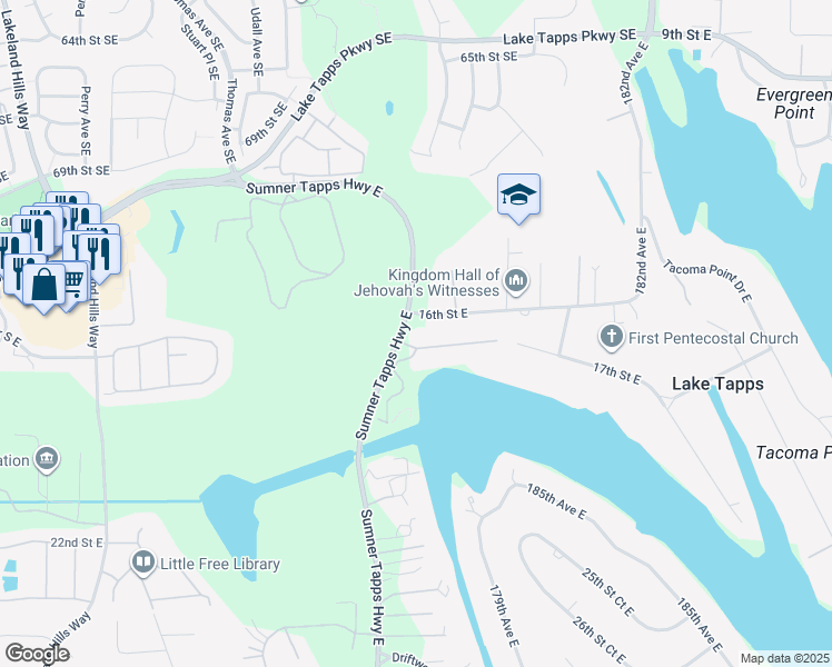 map of restaurants, bars, coffee shops, grocery stores, and more near 17503 16th Street Court East in Lake Tapps