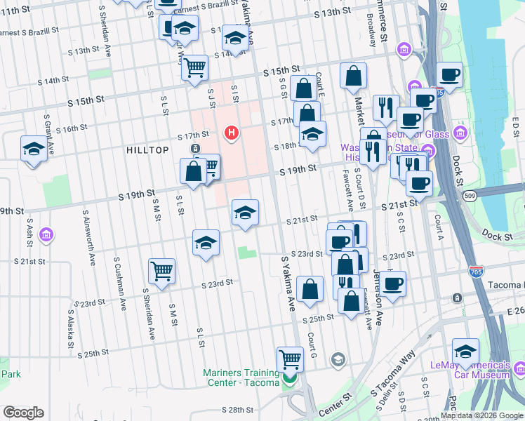 map of restaurants, bars, coffee shops, grocery stores, and more near 1945 South I Street in Tacoma