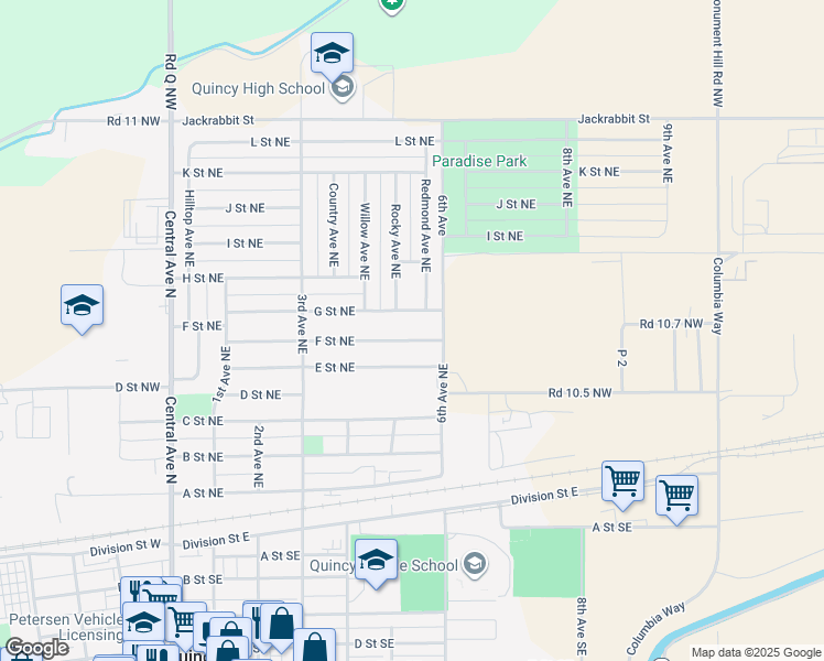 map of restaurants, bars, coffee shops, grocery stores, and more near 507 E Street Northeast in Quincy