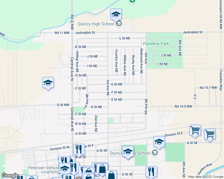 map of restaurants, bars, coffee shops, grocery stores, and more near 315 E Street Northeast in Quincy