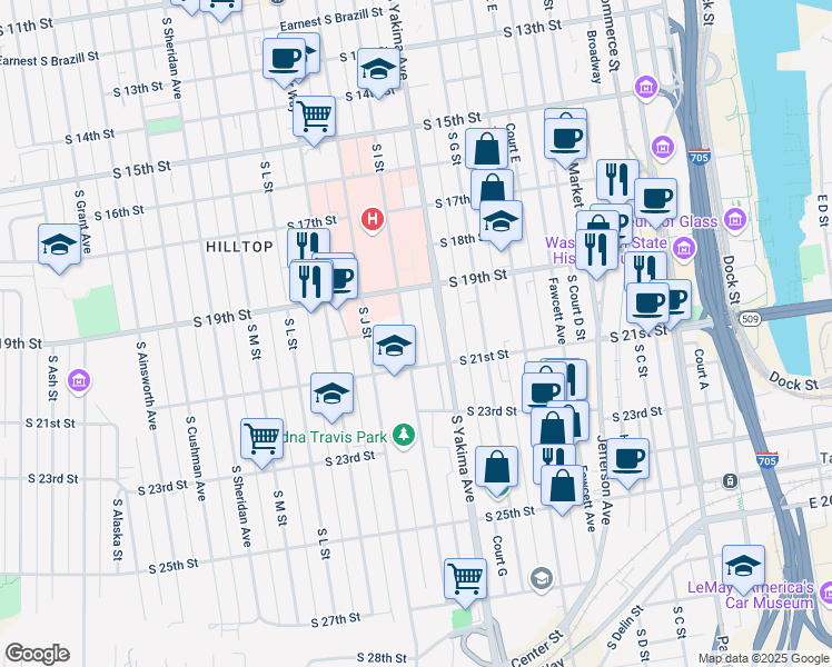 map of restaurants, bars, coffee shops, grocery stores, and more near 1945 South I Street in Tacoma