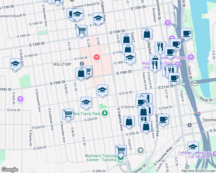 map of restaurants, bars, coffee shops, grocery stores, and more near 1945 South I Street in Tacoma