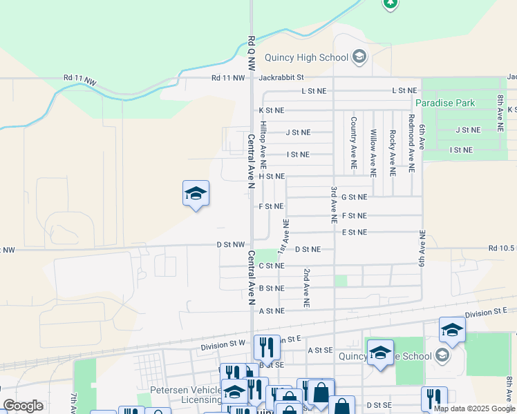 map of restaurants, bars, coffee shops, grocery stores, and more near 524 Central Avenue North in Quincy