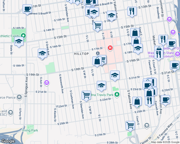 map of restaurants, bars, coffee shops, grocery stores, and more near 1933 South L Street in Tacoma