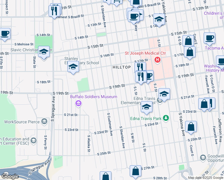 map of restaurants, bars, coffee shops, grocery stores, and more near 1913 South Sheridan Avenue in Tacoma