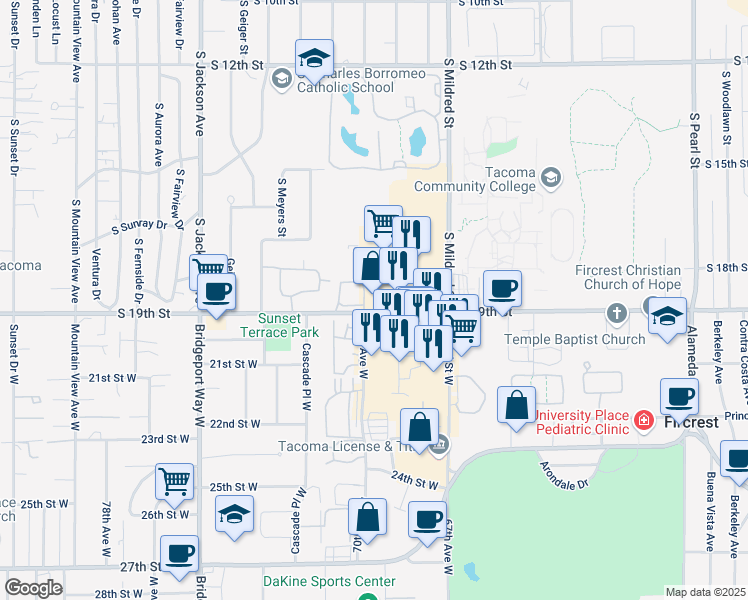 map of restaurants, bars, coffee shops, grocery stores, and more near 6916 19th Street West in University Place