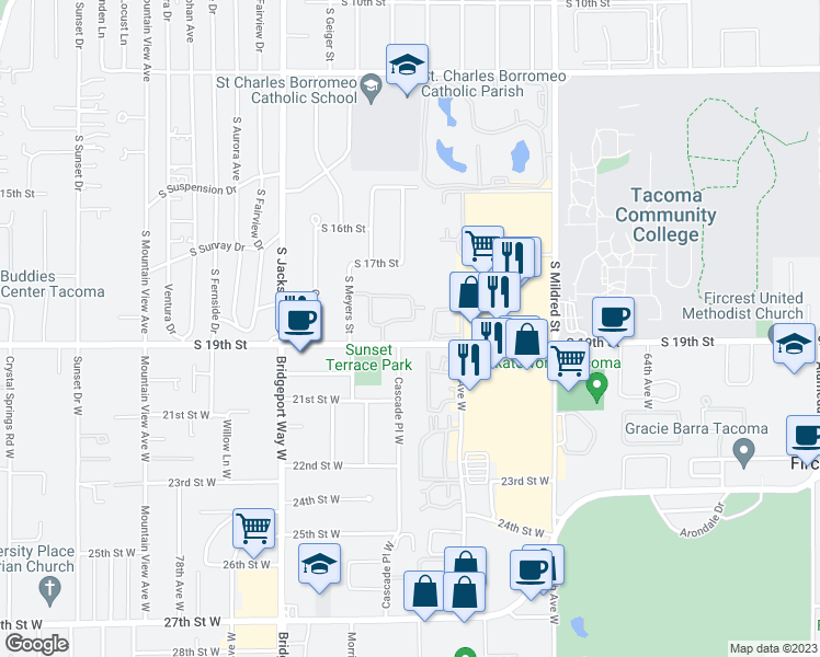 map of restaurants, bars, coffee shops, grocery stores, and more near 1901 Cascade Place West in Tacoma