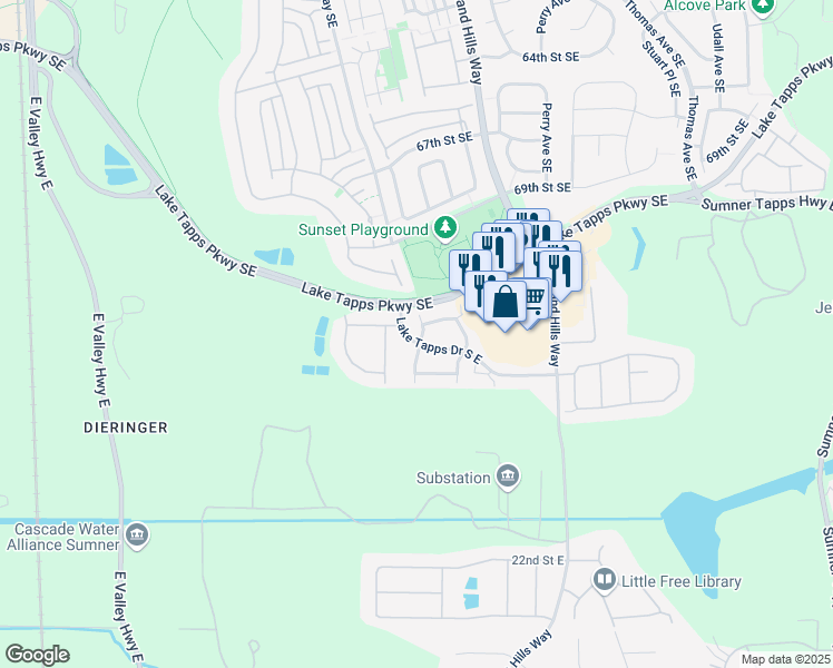 map of restaurants, bars, coffee shops, grocery stores, and more near 7137 Lindsay Avenue Southeast in Auburn