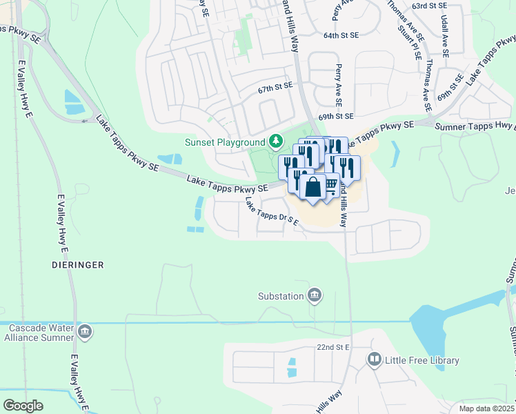 map of restaurants, bars, coffee shops, grocery stores, and more near 7101 Lindsay Avenue Southeast in Auburn