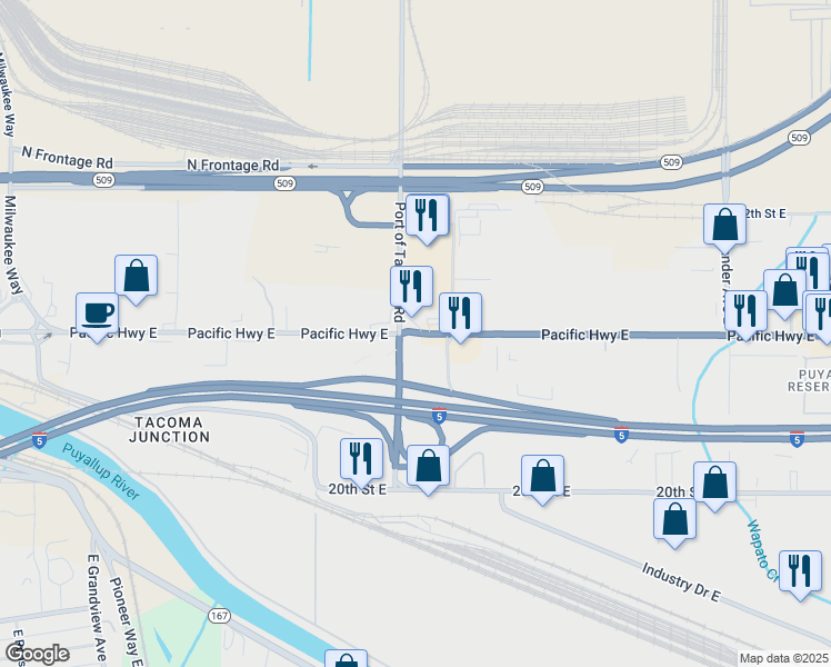 map of restaurants, bars, coffee shops, grocery stores, and more near 3410 Pacific Hwy E in Fife