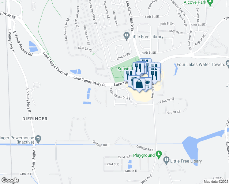 map of restaurants, bars, coffee shops, grocery stores, and more near 7101 Lindsay Avenue Southeast in Auburn