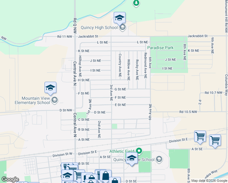 map of restaurants, bars, coffee shops, grocery stores, and more near 511 3rd Avenue Northeast in Quincy
