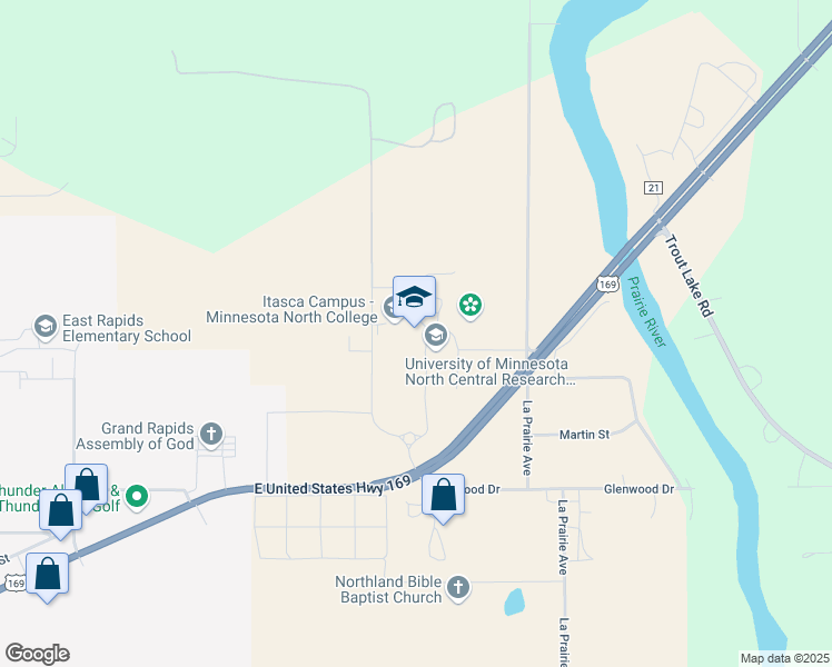 map of restaurants, bars, coffee shops, grocery stores, and more near 1851 East US Highway 169 in Grand Rapids