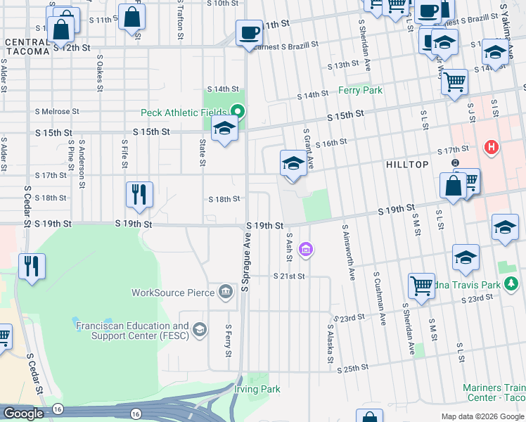 map of restaurants, bars, coffee shops, grocery stores, and more near 1801 South Hosmer Street in Tacoma