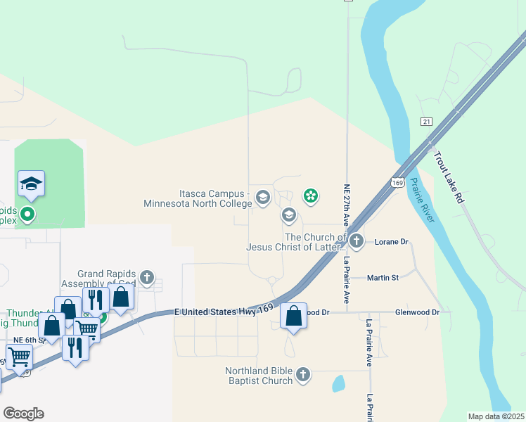 map of restaurants, bars, coffee shops, grocery stores, and more near 1851 East US Highway 169 in Grand Rapids
