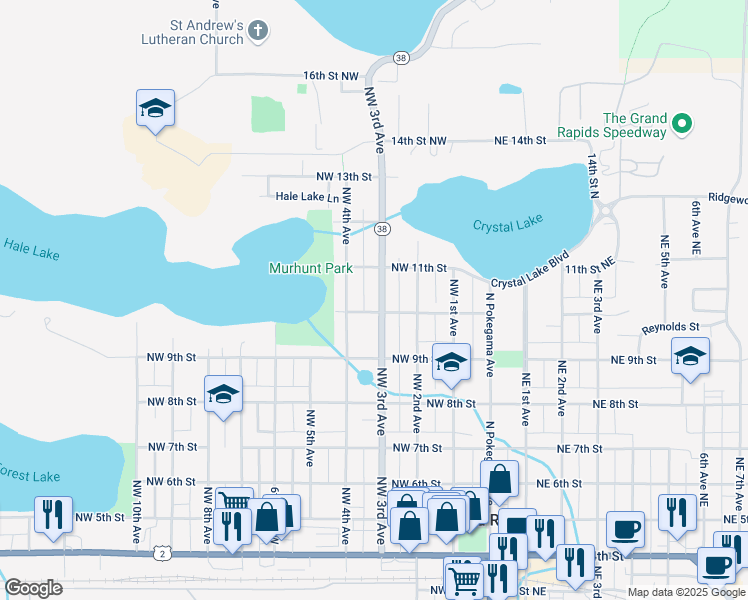 map of restaurants, bars, coffee shops, grocery stores, and more near 1028 Northwest 4th Avenue in Grand Rapids