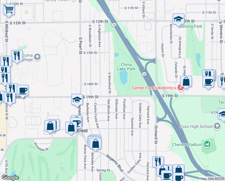 map of restaurants, bars, coffee shops, grocery stores, and more near 1801 South Winnifred Street in Tacoma