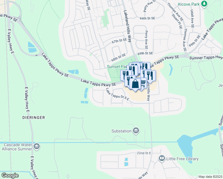 map of restaurants, bars, coffee shops, grocery stores, and more near 7178 Montevista Drive Southeast in Auburn