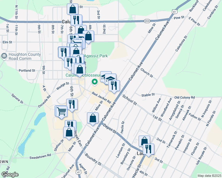 map of restaurants, bars, coffee shops, grocery stores, and more near 25970 Red Jacket Road in Houghton County