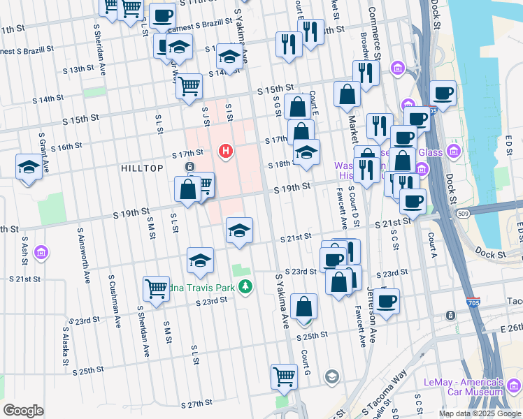 map of restaurants, bars, coffee shops, grocery stores, and more near 1901 South I Street in Tacoma