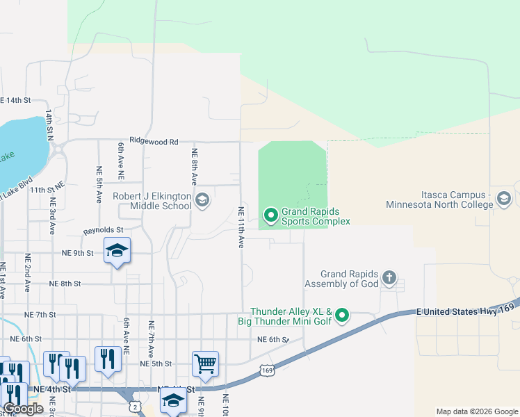 map of restaurants, bars, coffee shops, grocery stores, and more near 1208 Northeast 11th Avenue in Grand Rapids