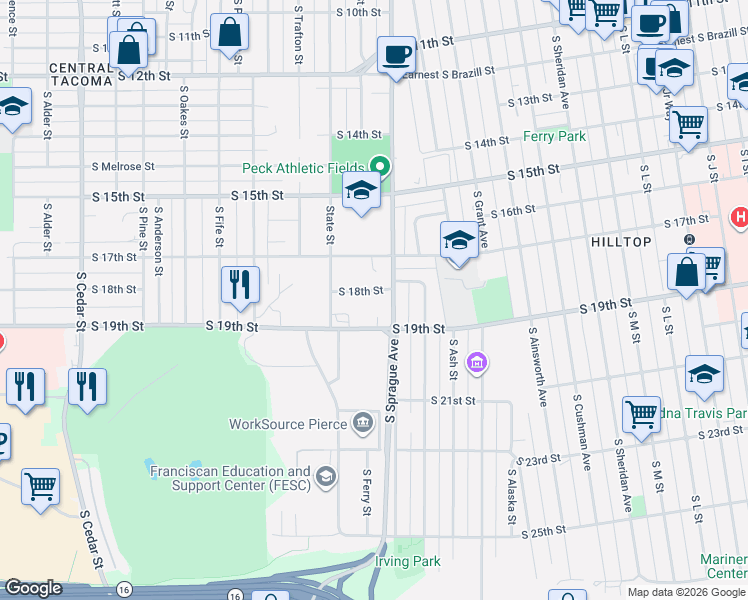 map of restaurants, bars, coffee shops, grocery stores, and more near 1720 South Sprague Avenue in Tacoma