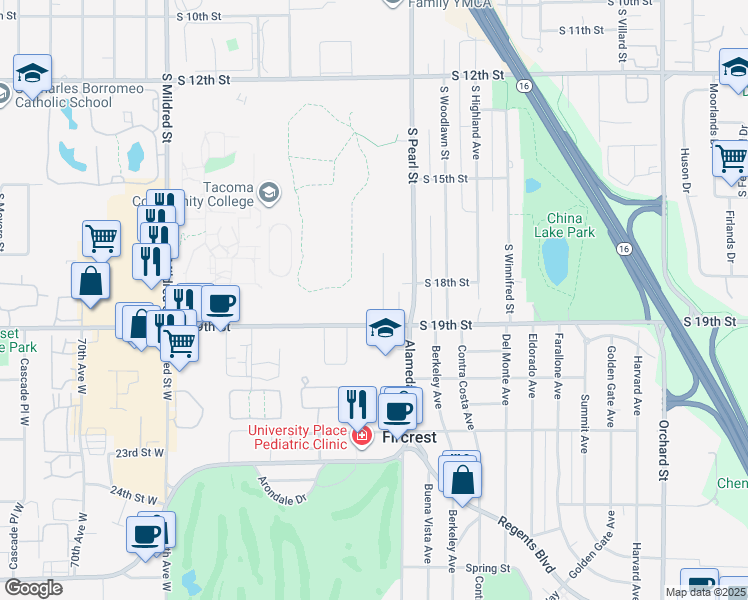 map of restaurants, bars, coffee shops, grocery stores, and more near 1801 South Visscher Street in Tacoma