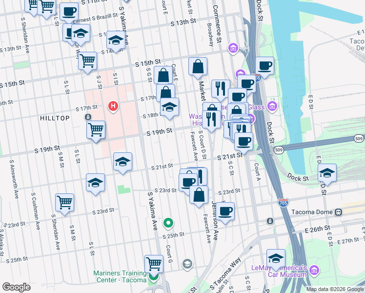 map of restaurants, bars, coffee shops, grocery stores, and more near in Tacoma