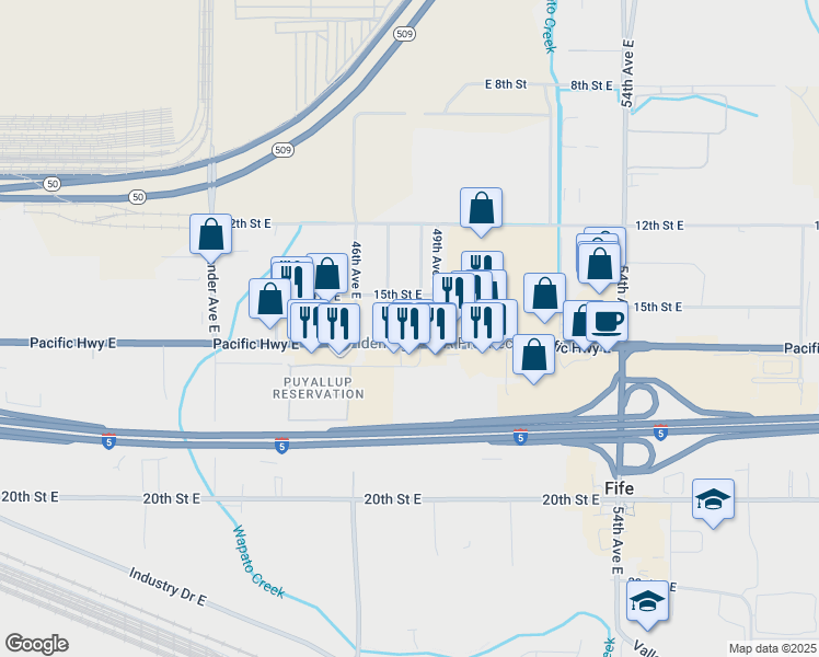 map of restaurants, bars, coffee shops, grocery stores, and more near 4711 Pacific Highway East in Fife