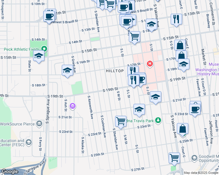 map of restaurants, bars, coffee shops, grocery stores, and more near 1737 South Sheridan Avenue in Tacoma